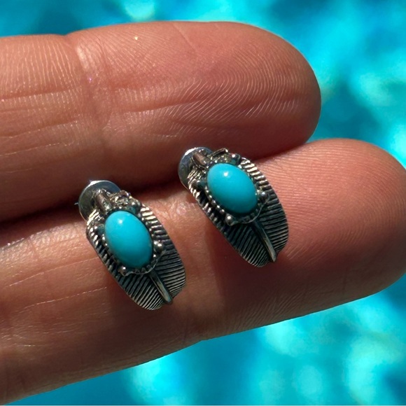 Silver and faux Turquoise Feather Earrings - Picture 3 of 5